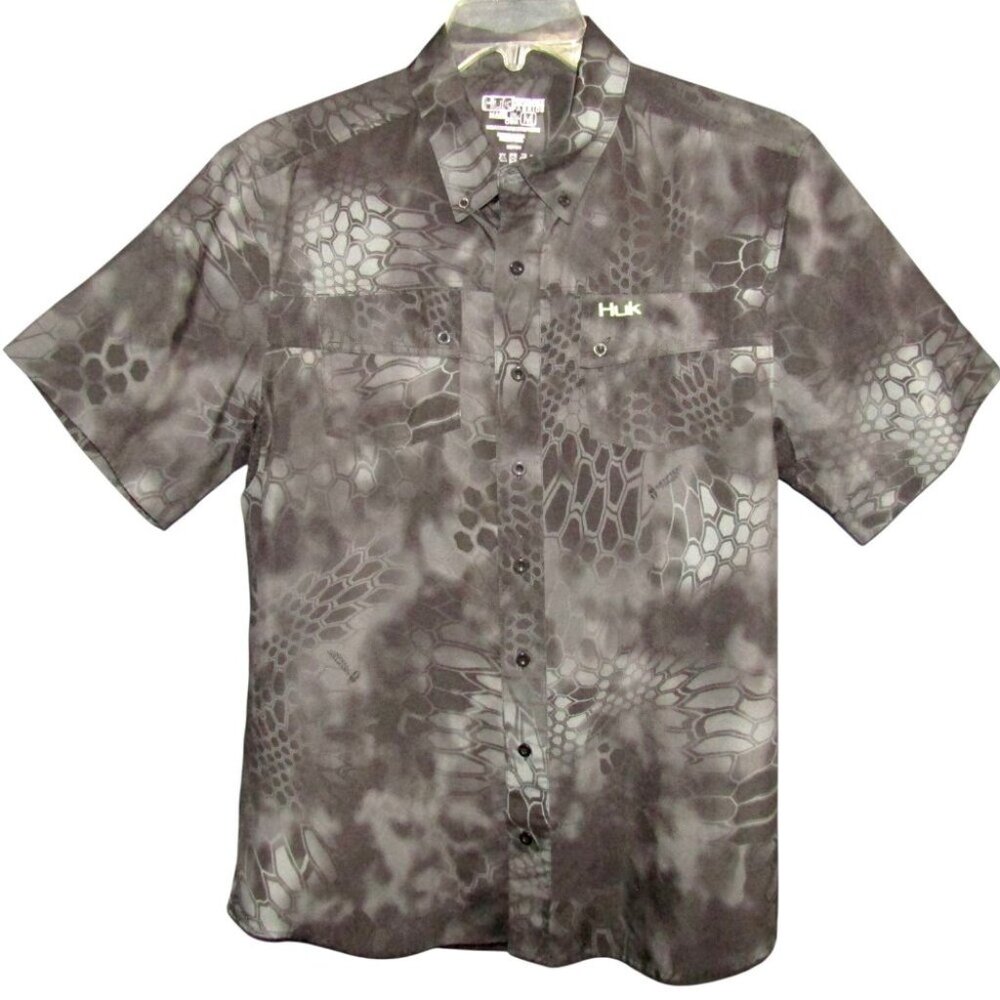 HUK Shirt Mens Size M Gray Kryptek Performance Button Camouflage Fishing Hunting